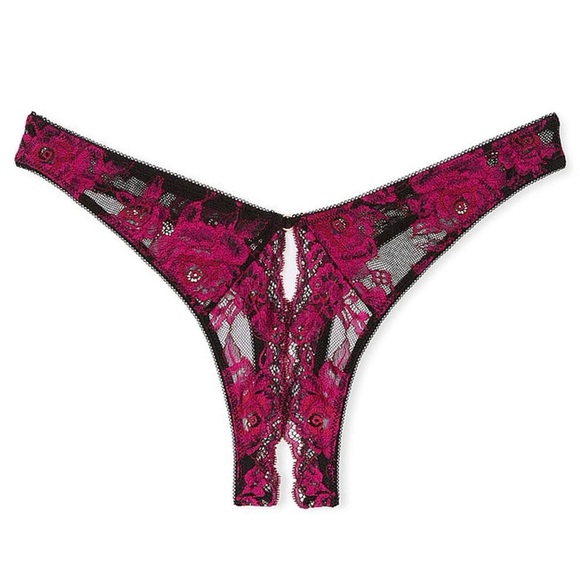 Victoria’s Secret Extra Small Black & Pink Rose Lace Crotchless Thong Panty - Picture 1 of 1